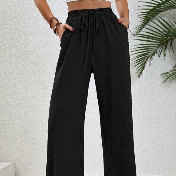 Black Casual Women's Drawstring Waist Wide Leg Pants - Picture 2 of 6